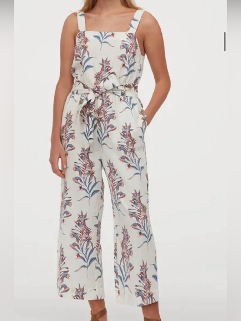Sleeveless Cream Floral Maxi Dress with Blue and Rust Leaves